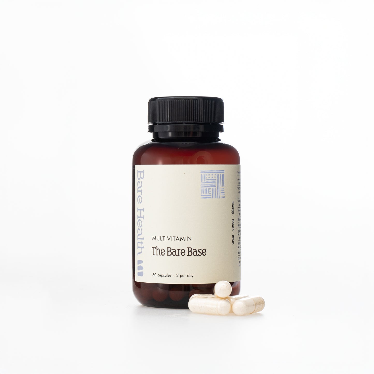 Bottle of Bare Health Multivitamin 'The Bare Base' with capsules on a white background
