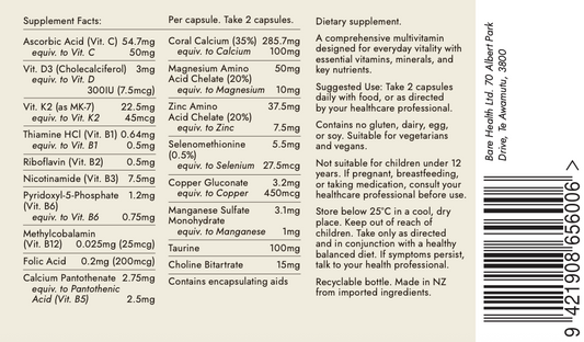 Supplement label with detailed nutritional information on a white background