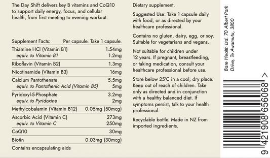 Supplement label with detailed nutritional information and ingredients on a white background