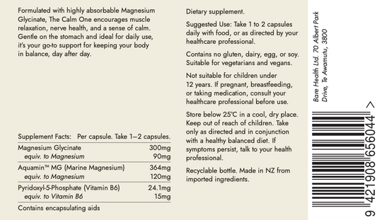 Supplement label with text and product details on a beige background